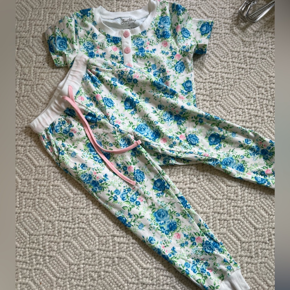 SweetHoney White Tee with Faded Blue Floral Print